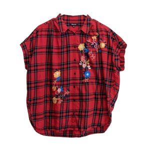 Madewell Womens Red and Black Dahl Plaid Floral Embroidered Central Shirt Large